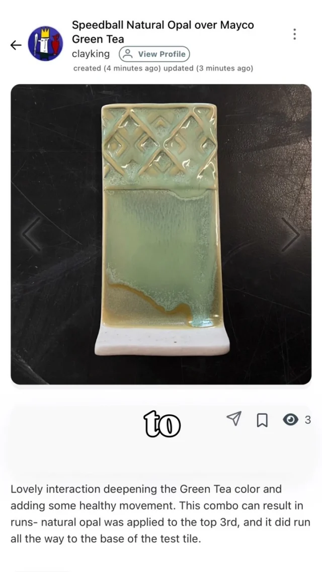 Test Tile Tuesday Returns! 
This week we’re testing Natural Opal by @speedball_ceramics and SW108 Green Tea by @maycocolors 

Thanks to our recent integration with  @glazeshare you can now see layering combinations and individual glaze results shared by real working potters right in our glaze product pages! 

We hope this a valuable resource and aid when deciding which glazes to try out next. 

How do you think this version came out? 

#glaseshare #potteryglaze #pottersofinstagram #cone6 #glaze